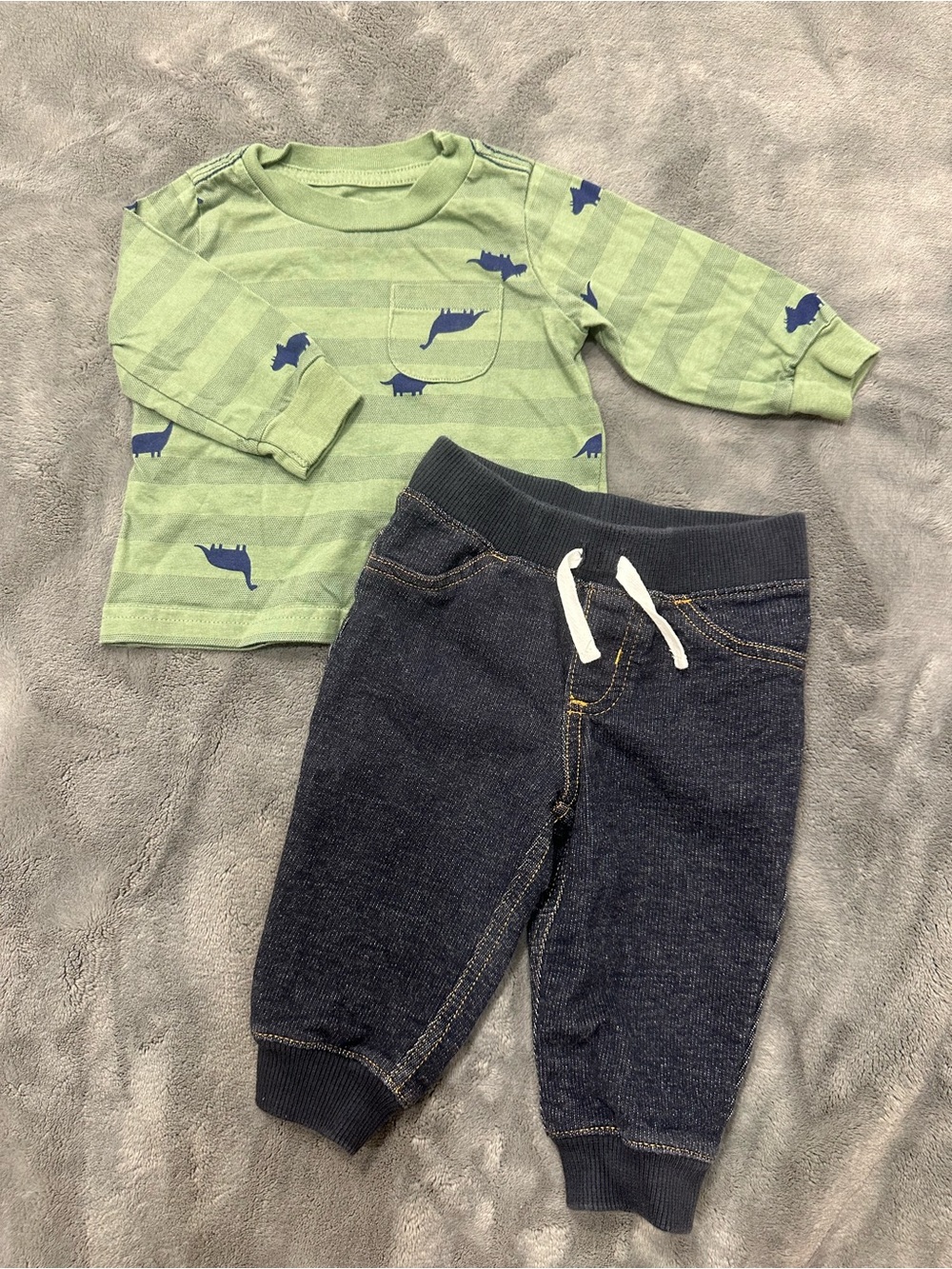 Carter's Light Green Striped Long-Sleeve Tee with Navy Dino Print